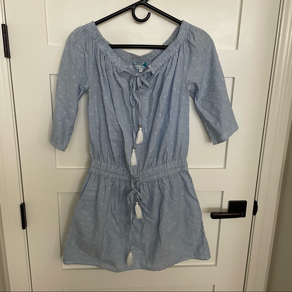 Blue island off the shoulder stripe blue and white beach swim coverup dress